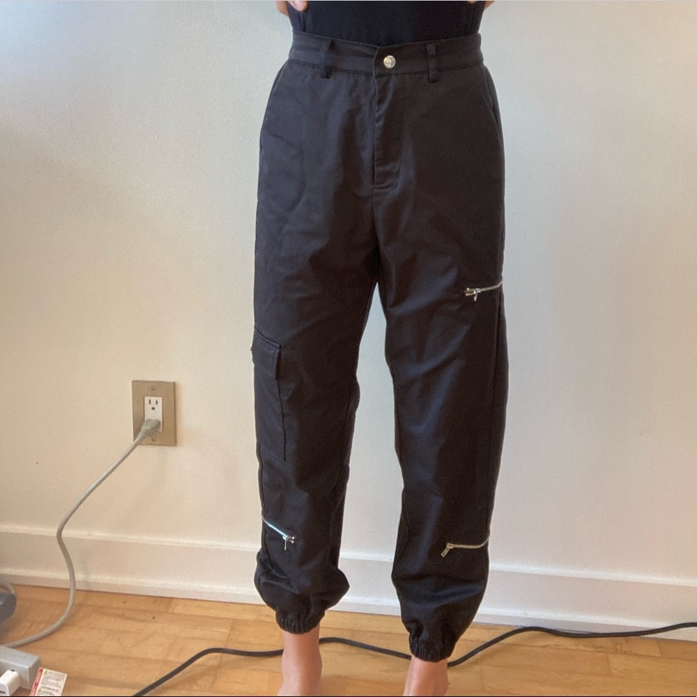 Silky black zipper cargo pants